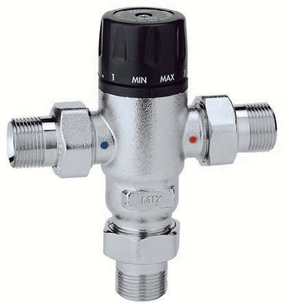 Thermostatische mengkraan met antikalkfunctie, Caleffi 521500, instelbaar van 30-65°C.