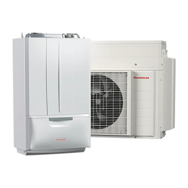 Moderne Hybride Inverter warmtepomp Immergas VICTRIX HYBRID 24 R-32 op GPL Gas met A++A++ energielabel.
