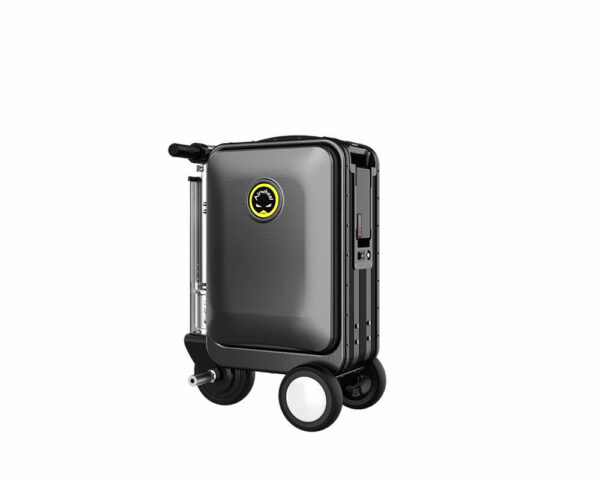 Elektrische step SE3 Airwheel trolleykoffer, zwart met blauwe accenten, opvouwbaar en handig voor reizen.