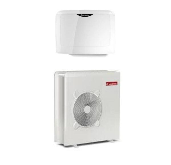 Inverter warmtepomp Ariston NIMBUS POCKET M NET 80 R-32, monofase, Klasse A+++/A++: compacte unit in witte behuizing met digitale display.
