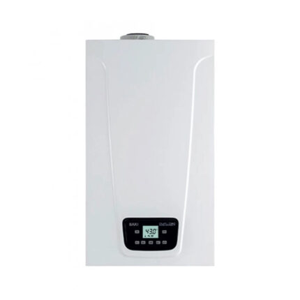 Compacte Baxi Duo-Tec E 24 kW condensatieboiler met laag NOx, inclusief rookafvoerset voor aardgas of GPL.