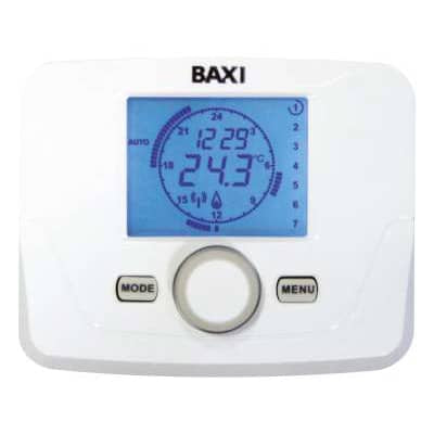 Modulerende chronothermostaat Baxi THINK 7102980 voor condensatieketels, digitaal display en wit ontwerp.