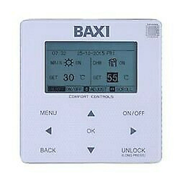 Afstandsbediening paneel voor Baxi Auriga A7750381 warmtepomp met knoppen en display.