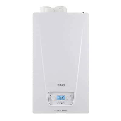 Hoogefficiënte Baxi LUNA CLASSIC 24 kW aardgas/GPL condensatieketel met laag NOx, compleet met rookafvoerset en optionele Wi-Fi.
