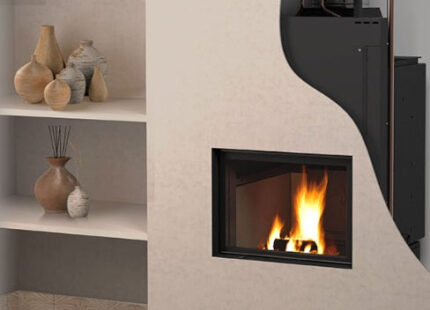 Houtgestookte inbouwhaard CTM Basic Eco 24 met volledige verwarmer, in warmtepompen categorie.