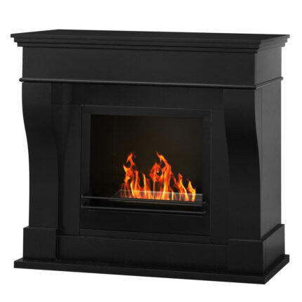 Moderne zwarte vrijstaande bio-ethanol haard Washington met strak design, afmetingen 111x43x99 cm.
