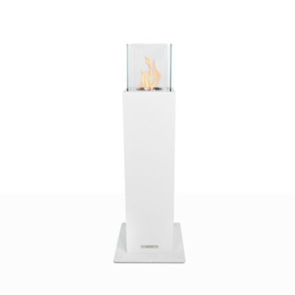 Moderne witte bio-ethanol tuinhaard Capri 110 voor buiten, ideaal voor warmtepompen.