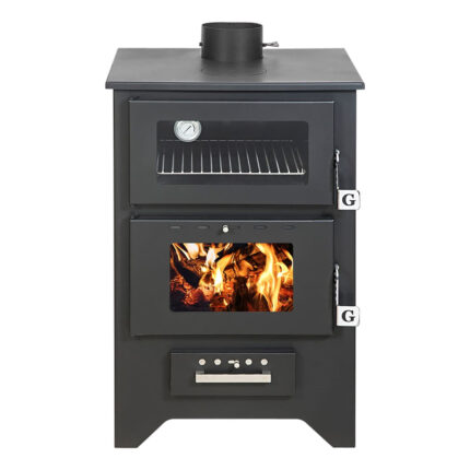 Moderne zwarte houtkachel met oven, 14,6 kW, afmetingen L50,5xp58,5xh90,5 - ideaal voor warmtepompen.