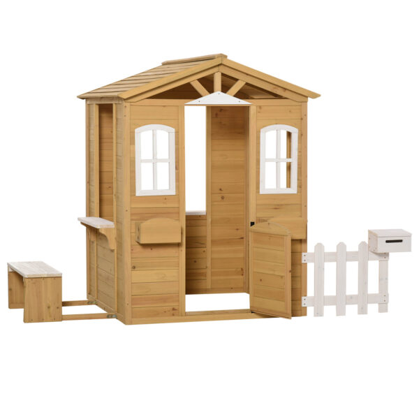 Easycomfort Houten Speelhuis voor Kinderen met Ramen, Hekwerk, Bloempot en Bank 204x107x140cm Natuurlijk Hout en Wit