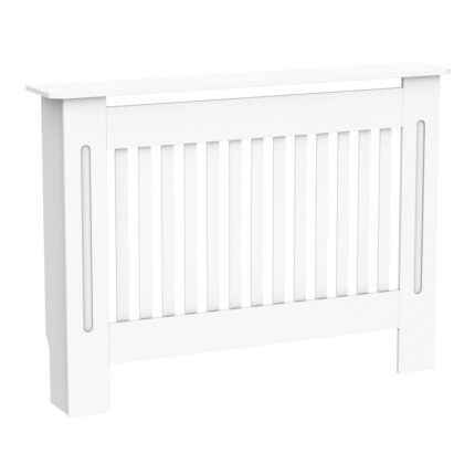 Moderne witte MDF radiatorombouw met lamel, 112x19x81 cm, geschikt voor huis en kantoor.