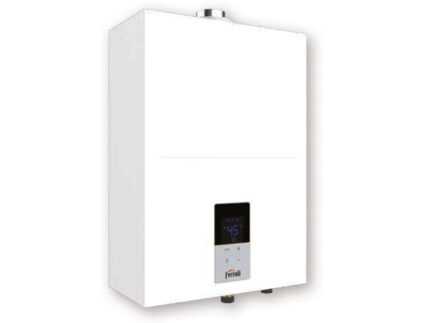 Moderne Ferroli KONA 12 liter gasboiler met lage NOx, propaan, en rookgasafvoerset.