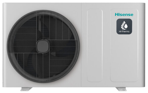 Hisense Hi-Therma 14 kW AHZ-140HEDS1 lucht/water warmtepomp in witte behuizing met optionele Wi-Fi bediening.
