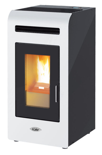 Moderne stalen Pelletkachel KALOR model MIA 16 met 16,3 kW vermogen, beschikbaar in diverse kleuren.