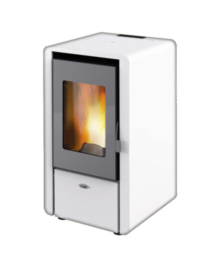 Moderne stalen ventilatie pelletkachel Kalor PETIT 6 van 7 kW in verschillende kleuren.