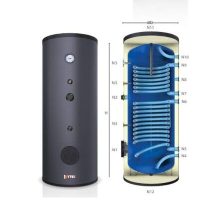 Dubbele spiraal Kytek KB 200 boiler voor ACS-productie, witte tank met dubbele spiralen.