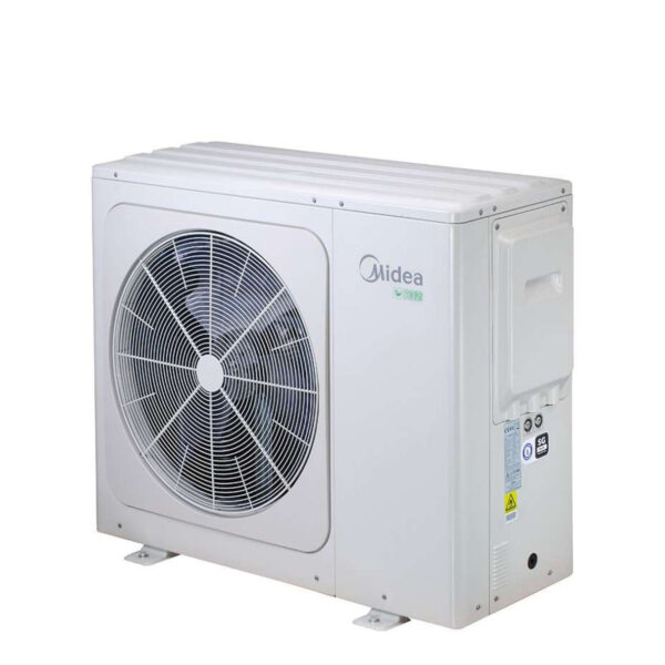 Monobloc lucht-water warmtepomp Midea M Thermal Power MHC-V12WD2N8-C in witte behuizing met bedieningselement.