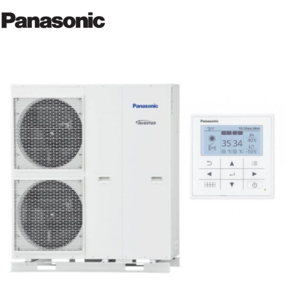Monoblock Panasonic AQUAREA 12 kW warmtepomp met ingebouwde Wi-Fi optie, energieklasse A++.