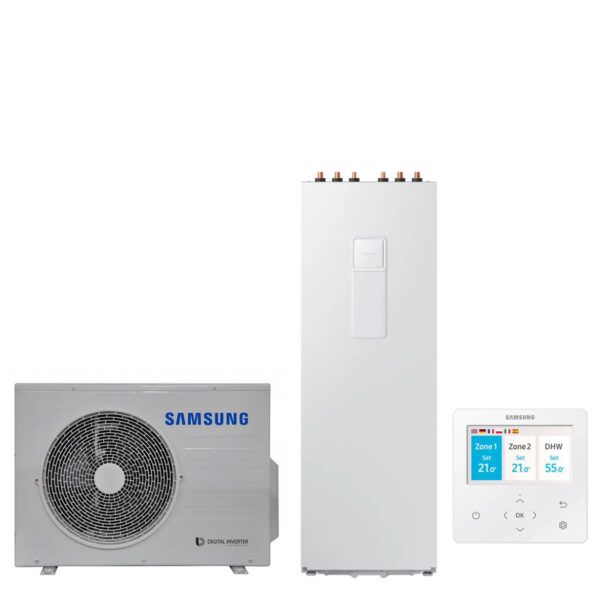 Een split lucht-water warmtepomp van Samsung met bijbehorende boiler van 260 liter en bedieningselementen.