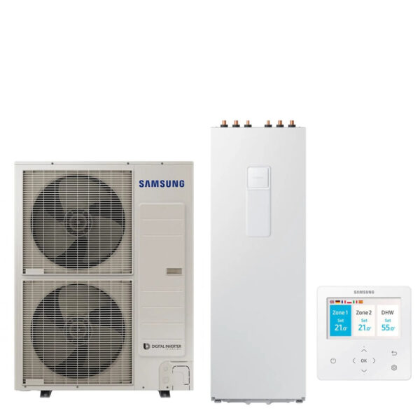 Gesplitste lucht/water warmtepomp Samsung AE120RXYDEG/EU met boiler AE260RNWMEG/EU van 260 liter en bediening.