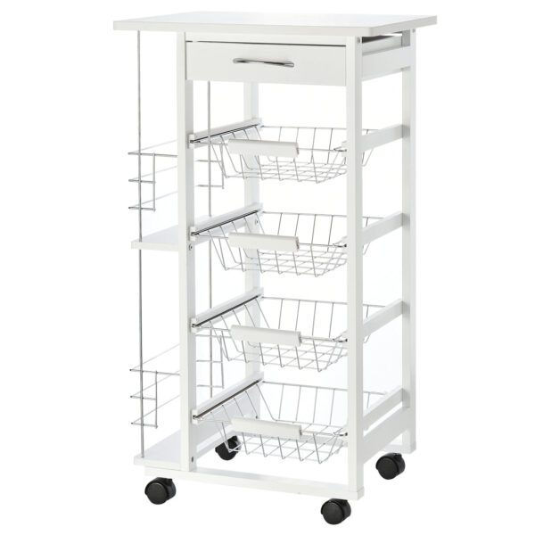 Easycomfort Kitchen Truck Saving space in White Wood, Portable with 1 Working Plan 1 Cassette and 4 Metal Bags, 47x37x83cm