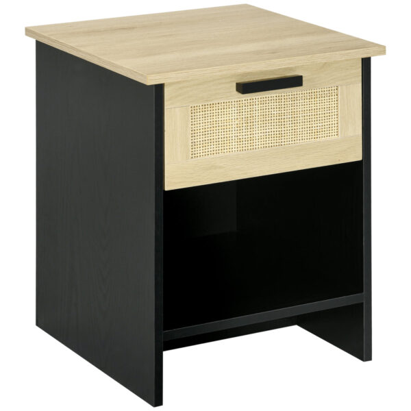 Easycomfort Comodine Style Boho Chic in hout en rotan met cassette en lint, 40x40x50cm, zwart en naturel