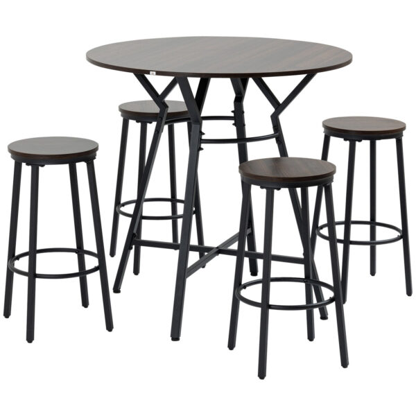 Easycomfort Lunch Set with Table and 4 Scabbles in Industrial Style, Wood and Steel, Noce Color