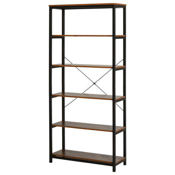 EasyComfort verticale bibliotheken in vintage industriële stijl, ruimtebesparende box met 6 houten en zwarte metalen zakken, 80x30x180cm