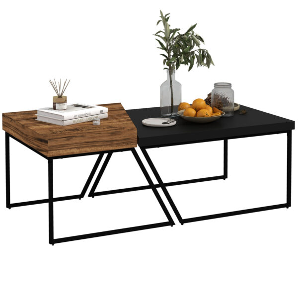 Easycomfort Set 2 salontafel in boor en staal, zwarte tafel 80x60x42 cm en bruine tafel 60x60x46 cm