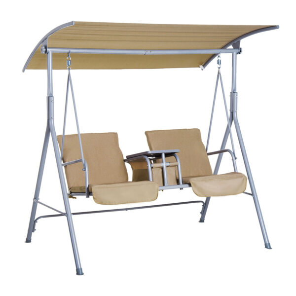 EASYCOMFORT Garden Swing 2 separate seats with Table and Adjustable Roof, in Metal 175x112x165cm Beige