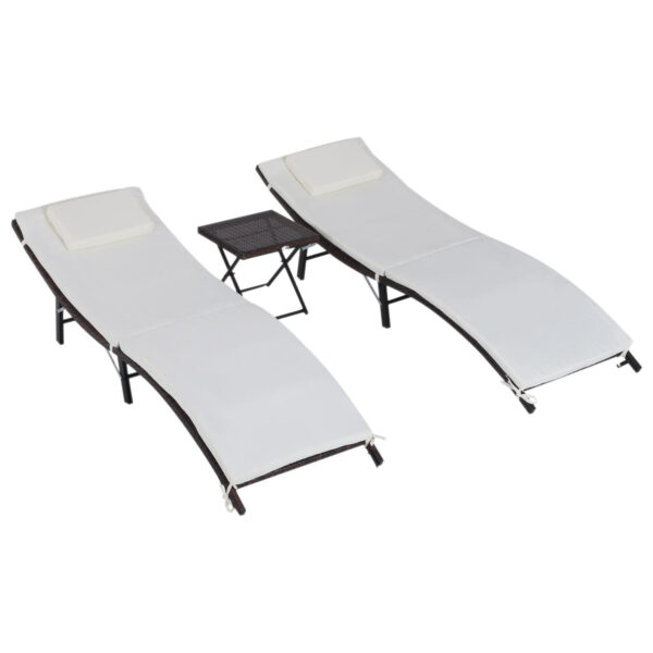EASYCOMFORT Foldable Sun Loungers with Removable Cushions and Folding Table, Set of 3 in Rattan, Cream