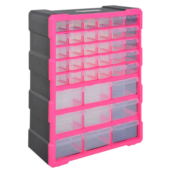 EASYCOMFORT Plastic Small Parts Chest of Drawers with 39 Transparent Drawers, Wall or Floor Mounting 38x16x47.5cm Pink