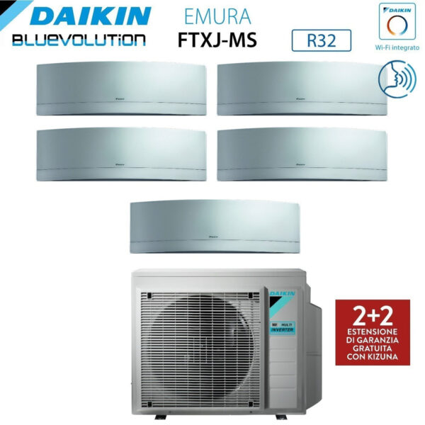 Daikin Bluevolution Penta Split Inverter Airconditioner EMURA SILVER serie 7+7+7+9+9 met 5MXM90N R-32 Geïntegreerde Wi-Fi 7000+7000+9000+9000 Kleur Zilver - Italiaanse garantie