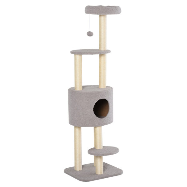EASYCOMFORT Sturdy Scratching Post Tree for Cats with 5 Levels, Kennel, House, Games and Sisal Rope, Grey and Beige Max 30kg