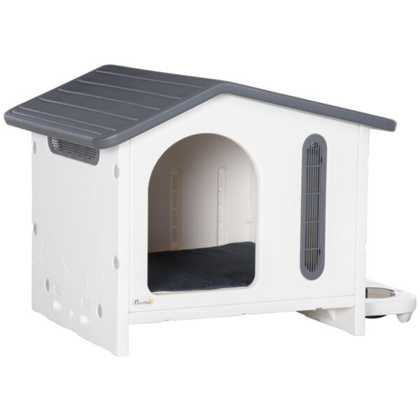EASYCOMFORT Raised Dog House with Tray for 2 Bowls, Windows and Foam Cushion, 70x64x56 cm