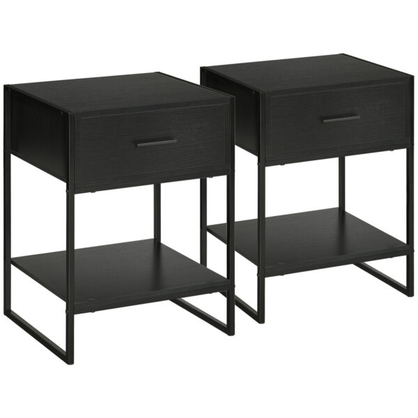 Easycomfort Moderne Comodine Set 2-delig met cassette en open touw voor bed en woonkamer, in MDF en staal, 45x40x60cm, zwart