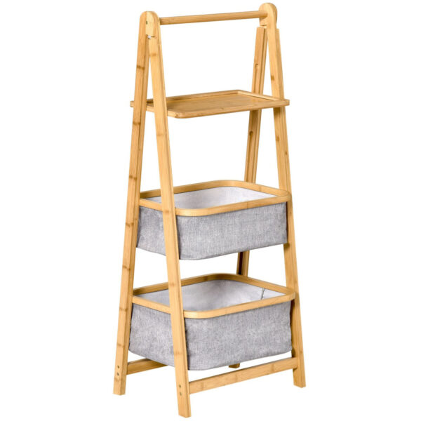 Easycomfort Coffle Saving space with 3 Rips in Bamboo, Bathroom Furniture with 2 Cassettes in Grey Fabric, 44.5x33x108cm