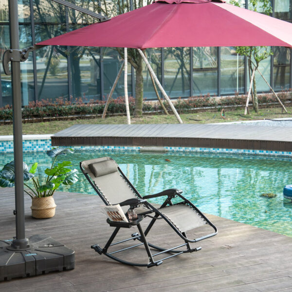 EASYCOMFORT Reclining Rocking Deck Chair with Footrest and Glass Holder, Grey, 120x67x102cm