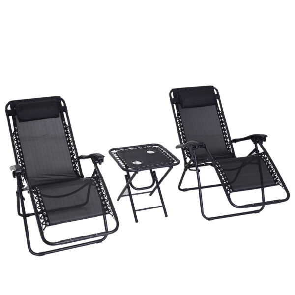 EASYCOMFORT Set of 2 Zero Gravity Deck Chairs with Table in Black Texteline Fabric