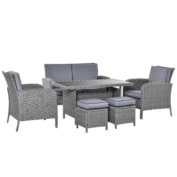 EASYCOMFORT Outdoor Dining Table Set with Sofa and Armchairs in Grey PE Rattan