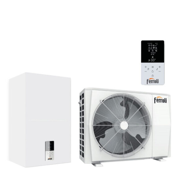 Hybride lucht/water warmtepomp Ferroli Omnia S Hybrid 3.2 C 8 kW voor split-installatie met directe regeling van de warmwaterproductie aan boord van de machine