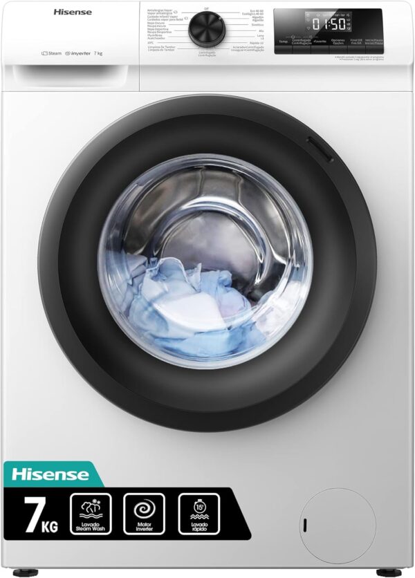 Wasmachine voorlader Hisense WFQP7012EVM 7 kg klasse C (A84,5xL59,5xP45) Motoromvormer Stoomfunctie