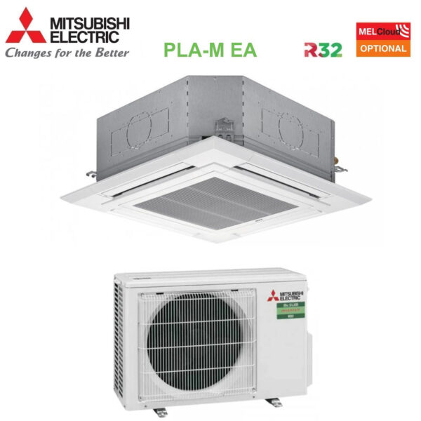 Mitsubishi Elektrische Airconditioner 90x90 4-weg cassette 12000 Btu PLA-M35EA + SUZ-M35VA R-32 Wi-Fi optioneel met rooster inbegrepen