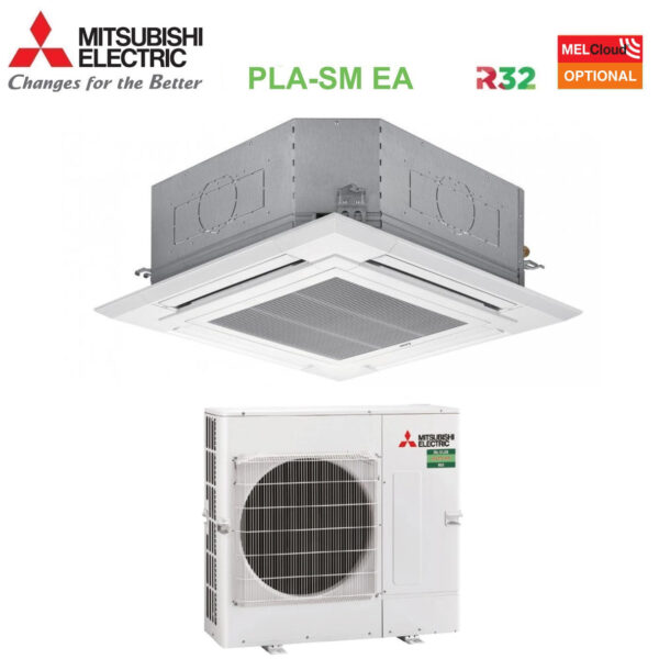 Airco Mitsubishi Electric Cassetta 90x90 a 4 Vie Inverter 48000 Btu PLA-SM140EA + PUZ-SM140YKA Trifase R-32 Wi-Fi Optioneel met Grid Inbegrepen