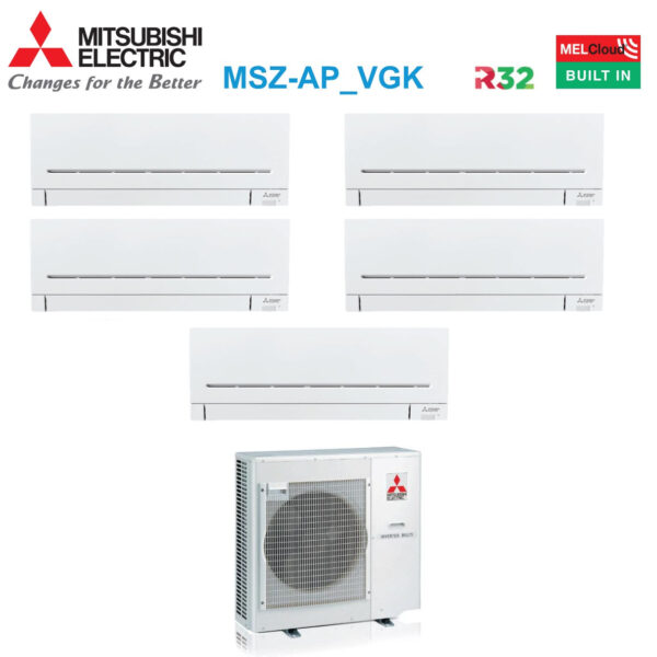 Mitsubishi Electric Penta Split Inverter Airconditioner AP-VGK Serie 9+9+9+12+12 met MXZ-5F102VF R-32 Geïntegreerde Wi-Fi 9000+9000+12000+12000