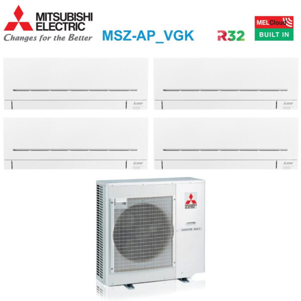Airconditioner Mitsubishi Electric Quaders Split Inverter Serie AP-VGK 9+9+9+12 met MXZ-4F80VF R-32 Wi-Fi Geïntegreerd 9000+9000+9000+12000