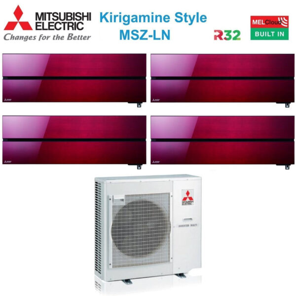 Mitsubishi Electric Airconditioner Split Inverter Panelen Kirigamine Stijl serie MSZ-LN 9+9+12+12 met MXZ-4F80VF Robijnrood R-32 Geïntegreerde Wi-Fi Rode Kleur 9000+9000+12000+12000