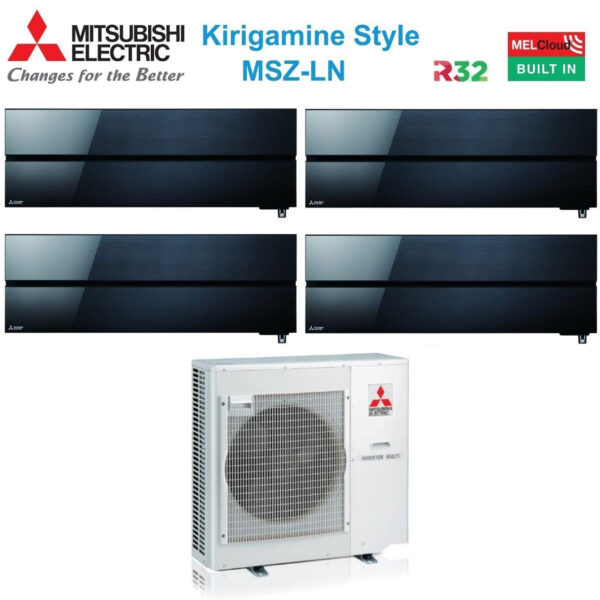 Mitsubishi Electric Airconditioner Split Inverter Panelen Kirigamine Stijl serie MSZ-LN 9+9+9+12 met MXZ-4F80VF Onyx Zwart R-32 Geïntegreerde Wi-Fi Zwarte Kleur 9000+9000+12000