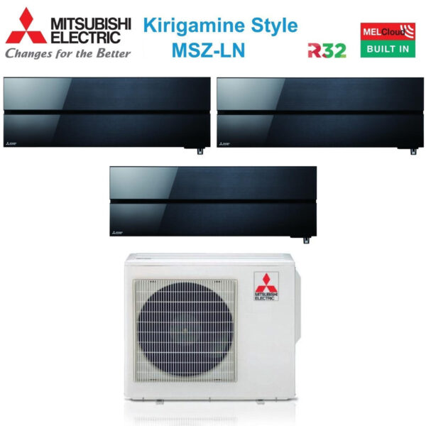 Airconditioner Mitsubishi Electric Trial Split Inverter Serie Kirigamine Stijl MSZ-LN 9+12+12 met MXZ-3F54VF Onyx Zwart R-32 Wi-Fi Geïntegreerd Kleur Zwart 9000+12000+12000