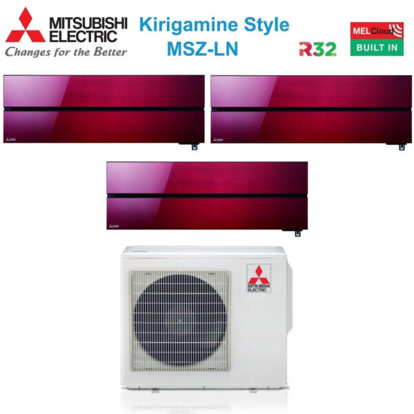 Air conditioner Mitsubishi Electric Trial Split Inverter Series Kirigamine Style MSZ-LN 9+9+12 with MXZ-3F54VF Ruby Red R-32 Wi-Fi Integrated Color Red 9000+9000+12000
