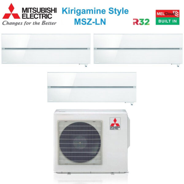 Mitsubishi Electric Trial Split Inverter Airconditioning Kirigamine Stijl MSZ-LN 9+9+12 serie met MXZ-3F68VF Parelwit R-32 Geïntegreerde Wi-Fi Parelwit Kleur 9000+9000+12000
